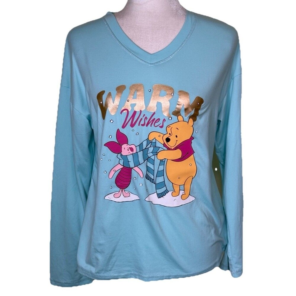 Women Winnie the Pooh Piglet Warm Wishes Sleep Shirt Womens V Neck Long Sleeve S